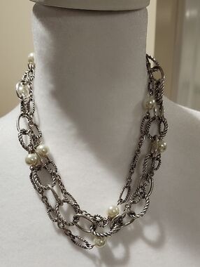 Silver-Tone Multi-Chain Necklace & Bracelet with Pearlescent Beads